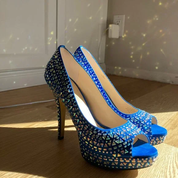 ENZO ANGIOLINI size 8 blue fun embellished platform peep toe heel - Picture 11 of 11